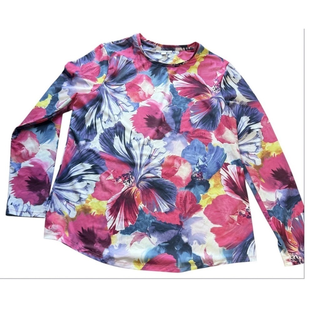 Chico's 1 Stretchy UPF Print Long Sleeve Top Pink Purple Size M